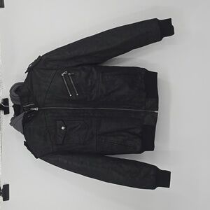 FLAVOR Black Leather Motorcycle Jacket with Removable Hood Men's Size S